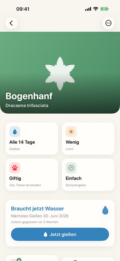 Pflanzendetail mit Gießplan und „Jetzt gießen“